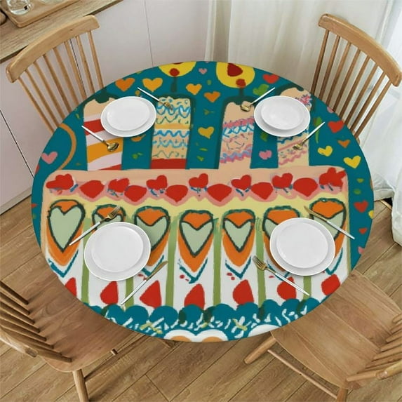 PIKWEEK Small Round Tablecloth, Birthday Decor Washable Polyester Table Cloth for, Cartoon Happy Birthday Party Image Cake, Fit Round Tables Diameter, for Holiday Dining Table, Dinner, Party White