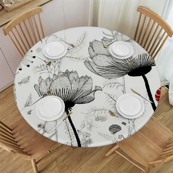 Wuche Small Round Tablecloth, Black and White Washable Polyester Table Cloth for, Blooming Flowers with Butterflies and Bees Creatures Nature, for Holiday Dining Table, Dinner, Party White