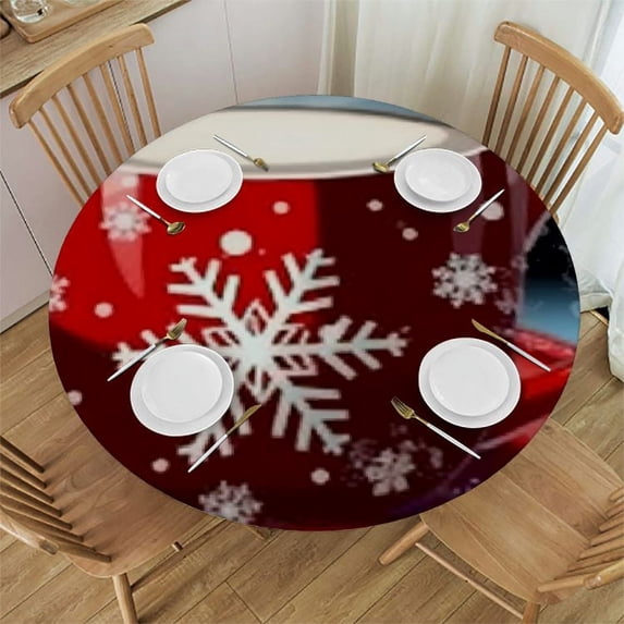 PIKWEEK Small Round Tablecloth, Christmas Elastic Edge Design Dacron Tablecloth, Abstract Christmas Tree with Stars, Fits Round Table Diameter, for Dining Room, Party, Banquet, Multicolor White