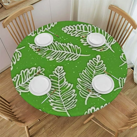 PIKWEEK Spillproof Fabric Tablecloth Leaves Round Fitted Tablecloth with Elastic Lime Green and White Round Tablecloth Spill Proof Waterproof for Dinner, Outdoor, Picnic