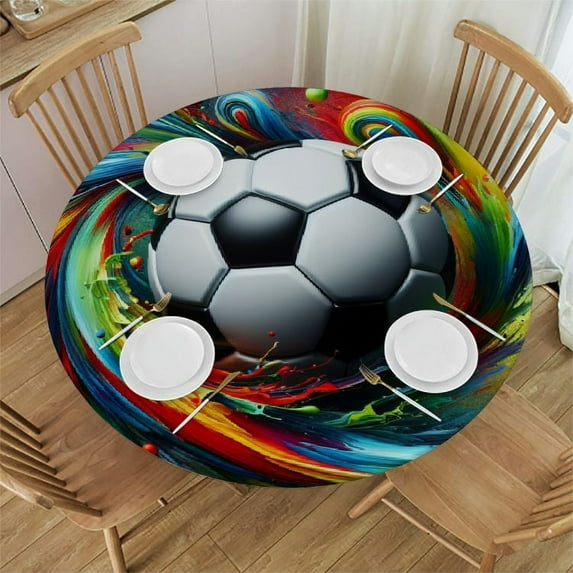 PIKWEEK Sports Football Round Fitted Tablecloth Fitted Table Cloth for Round Table Waterproof Wipeable Round Elastic Table Cloth Circular Table Cover with Elastic Edge