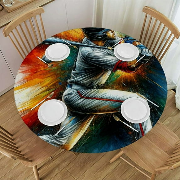 PIKWEEK Sports Player Round Fitted Tablecloth Fitted Table Cloth for Round Table Waterproof Wipeable Round Elastic Table Cloth Circular Table Cover with Elastic Edge
