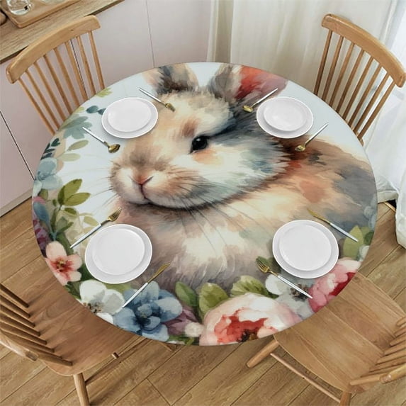 PIKWEEK Spring Happy Easter Bunny Eggs and Butterflies Vintage Watercolor on Striped Round Tablecloth, Fitted Round Table Cloth with Elastic Edge Wipeable Table Protector for Indoor Outdoor Party