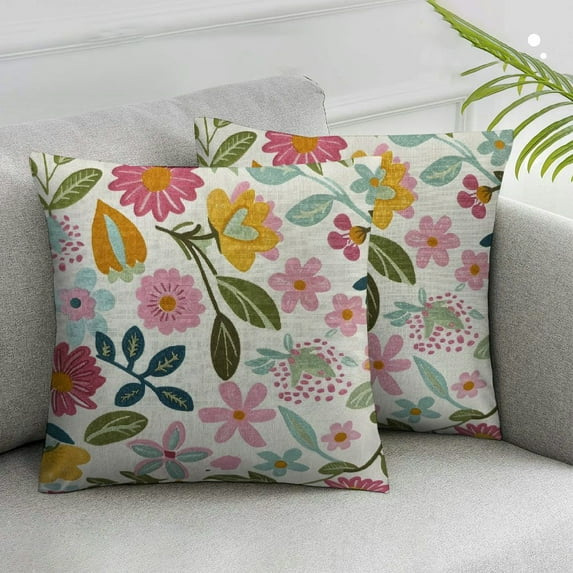 PIKWEEK Spring Pillow Set of 2, Watercolor Yellow Pink Blue Flowers Throw Pillows Summer Spring Floral Leaf Print Decor Pillowcase Farmhouse Outdoor Decorations Cushion Multiple specifications