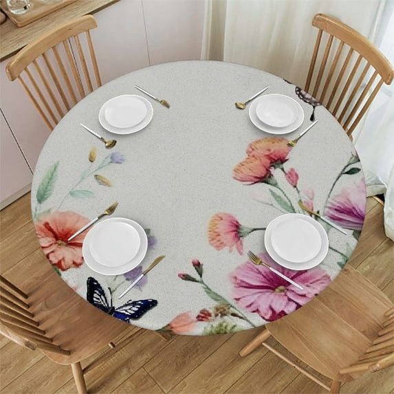 PIKWEEK Spring Sumer Floral Butterfly, Elastic Fitted Edged Round Tablecloth Fade Resistant Anti-Shrink Table Cloth Washable Table Cover for Indoor or Outdoor and Anywhere You Wanna use it White
