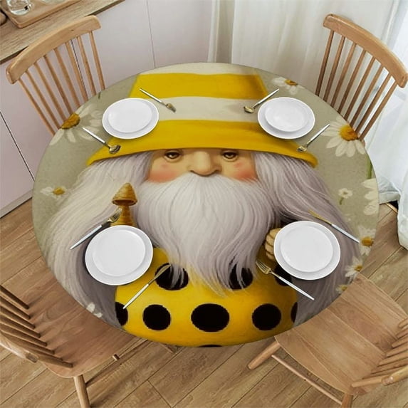 PIKWEEK Spring Summer Gnome Daisy, Elastic Fitted Edged Round Tablecloth Fade Resistant Anti-Shrink Table Cloth Washable Table Cover for Indoor or Outdoor and Anywhere You Wanna use it White