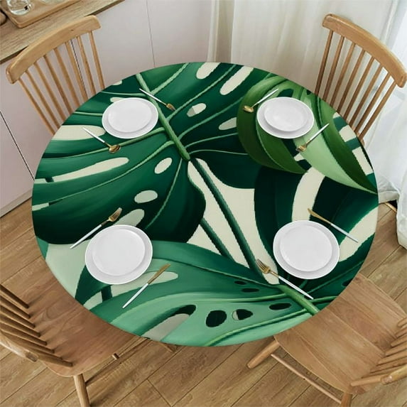 PIKWEEK Spring Summer Tropical Green Leaf Round Tablecloth Waterproof Resistant Fabric White