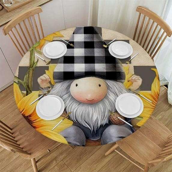 PIKWEEK Spring Sunflower Gnome, Elastic Fitted Edged Round Tablecloth Fade Resistant Anti-Shrink Table Cloth Washable Table Cover for Indoor or Outdoor and Anywhere You Wanna use it White