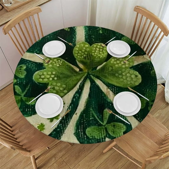 PIKWEEK St. Patrick's Day Green Spring Green Leaves Waterproof Resistant Fabric Round Tablecloth White