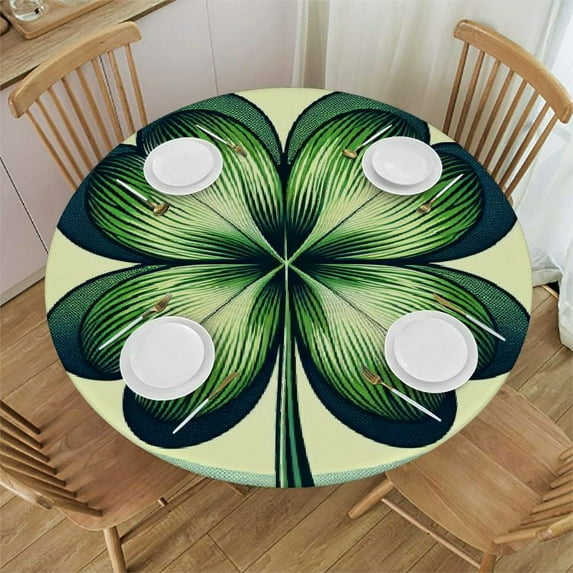 PIKWEEK St. Patrick's Day Table Round Cover Elastic Edged Tablecloth,Lucky Clover Card Fitted Circle Tables Cover Waterproof Wipeable Tabletop Protector Cloth Green Line
