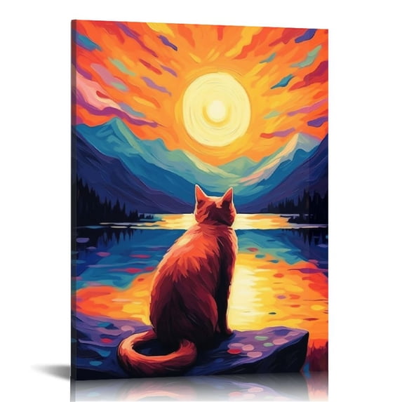 PIKWEEK Starry Night Van Gogh Inspired American Shorthair Cat Looking Beyond Mountains Meditation Peace Pet Family Art Print Poster Wall Decor AP106 16x20 in