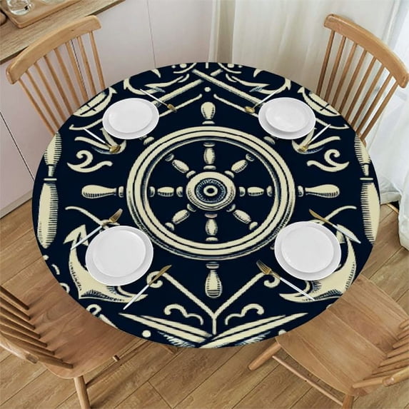 PIKWEEK Steering Wheels Anchors Pattern Round Fitted Tablecloth Elastic Edge Waterproof Oil-Proof Table Cover Stain-Resistant Table Cloth Fits Round Tables