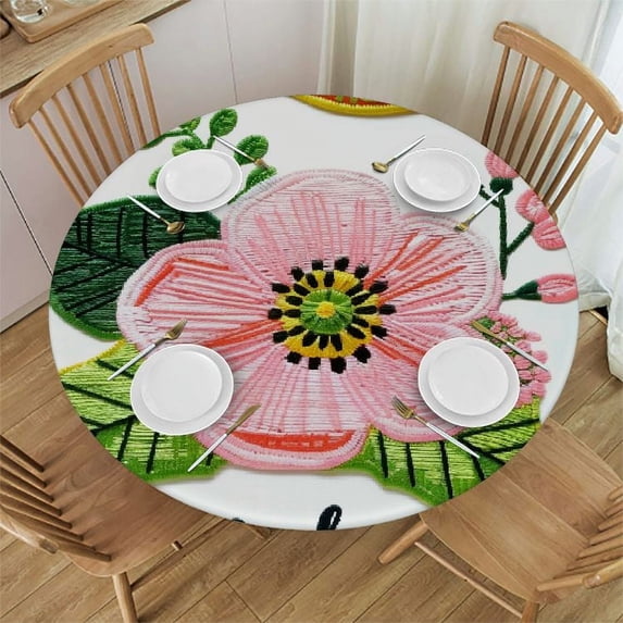 PIKWEEK Summer Enjoy, Elastic Fitted Edged Round Tablecloth Waterproof Anti-Shrink Soft Polyester Table Cloth Washable Table Cover for Banquet Home Indoor or Outdoor