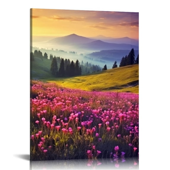 PIKWEEK Summer Mountain Overcast Sky Pink - on Canvas Modern Canvas Wall Art Pictures for Living Room Home Decor 12x16 in