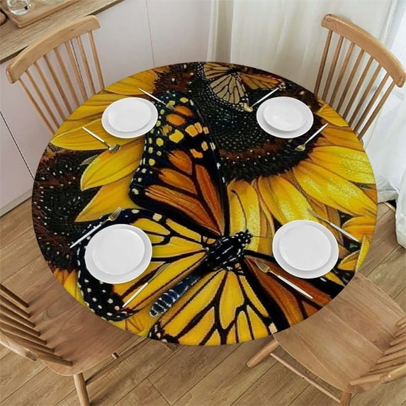 PIKWEEK Sunflower Gifts Sunflowers with Butterfly Yellow Botanical Nature Garden Flowers with Elastic Edge Round Tablecloth White