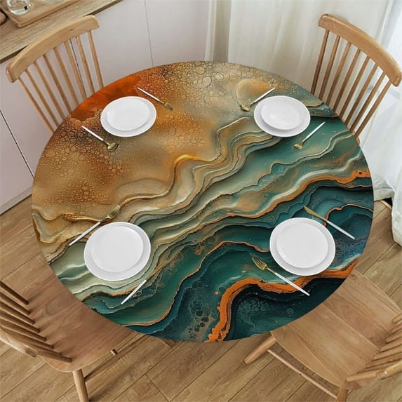 PIKWEEK Table Cloth Round Table Cover Gold and Blue Abstract Art White