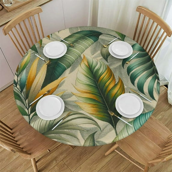 PIKWEEK Table Cloth Round Tropical Palm Leaves Banana Jungle Leaf Floral Pattern Fabric White