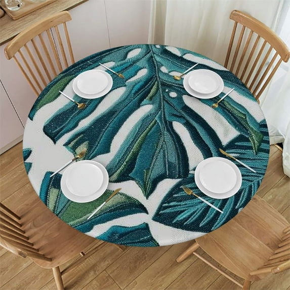 PIKWEEK Table Cloth Tropical Leaf Palm Pattern Comfy Decorative Beauty Round Table Cover White