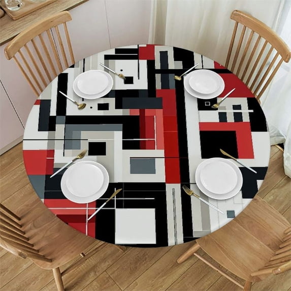 PIKWEEK Table Round Cover Elastic Edged Tablecloth,Modern Abstract Geometric Circle Tables Cover Waterproof Wipeable Tabletop Protector Cloth for Dinner Party Black Red Grey Color Blocks