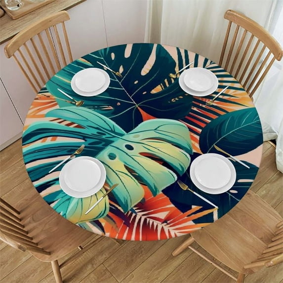 PIKWEEK Tablecloth Round Table Cover Palm Leaves Tropical Jungle Charming Colors White