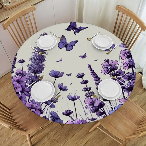 PIKWEEK Tablecloths Round Table Cover Lavender Spring Purple Floral Summer Flower Butterfly White