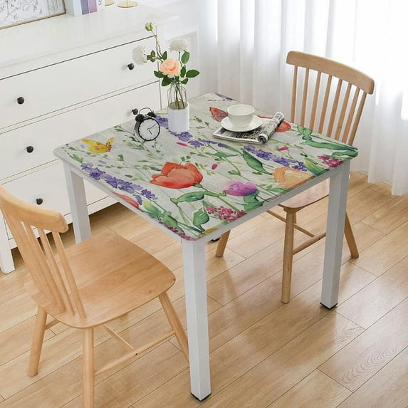 PIKWEEK Tablecloths Square Table Cover Tulip Lavender Flower Plant Watercolor Floral Spring Summer white