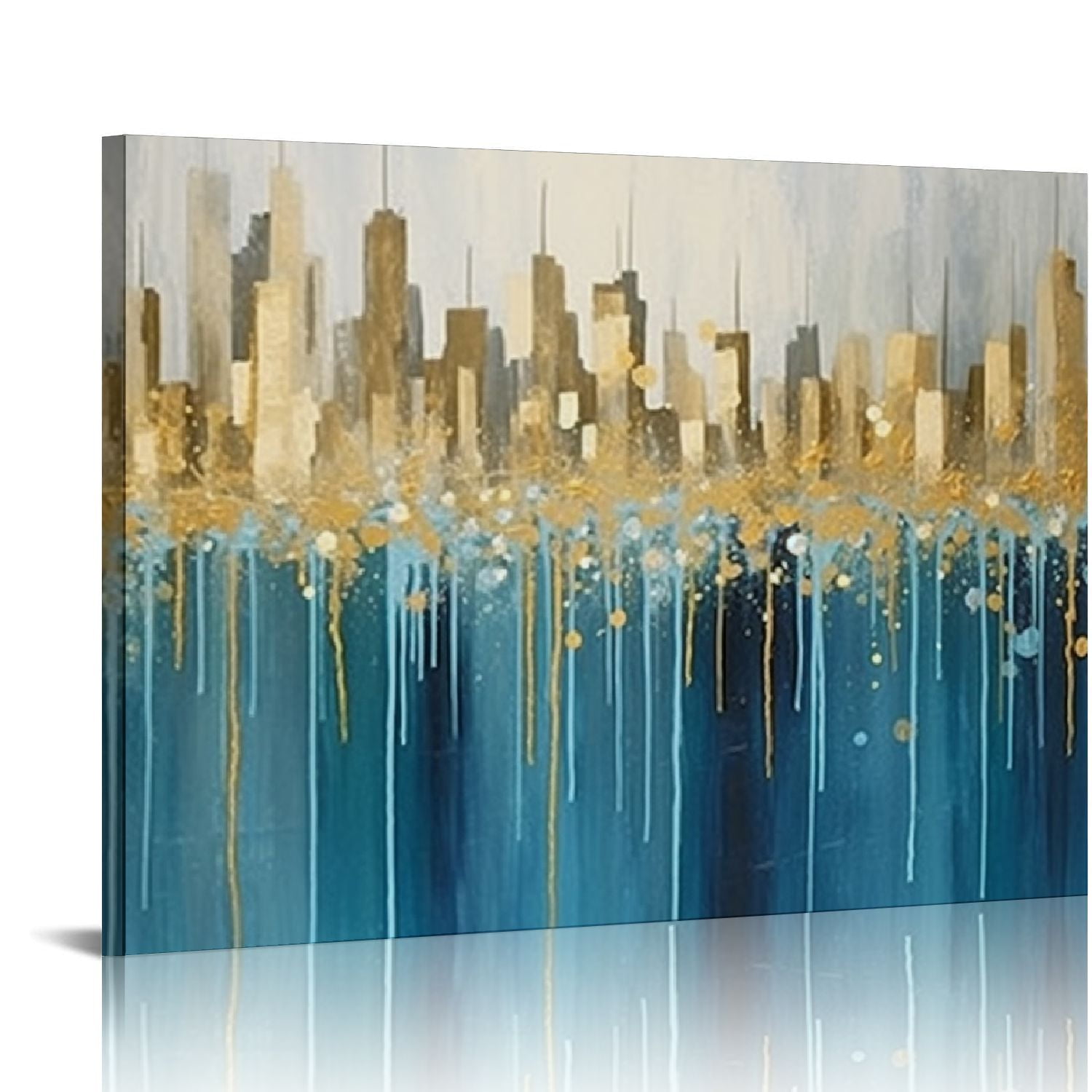 PIKWEEK Teal Abstract Cityscape Canvas Wall Art Modern Skyline Gold