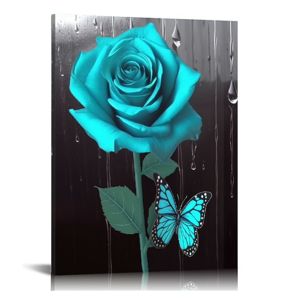 PIKWEEK Teal Rose Canvas Wall Art Turquoise Blue Flower Prints ...