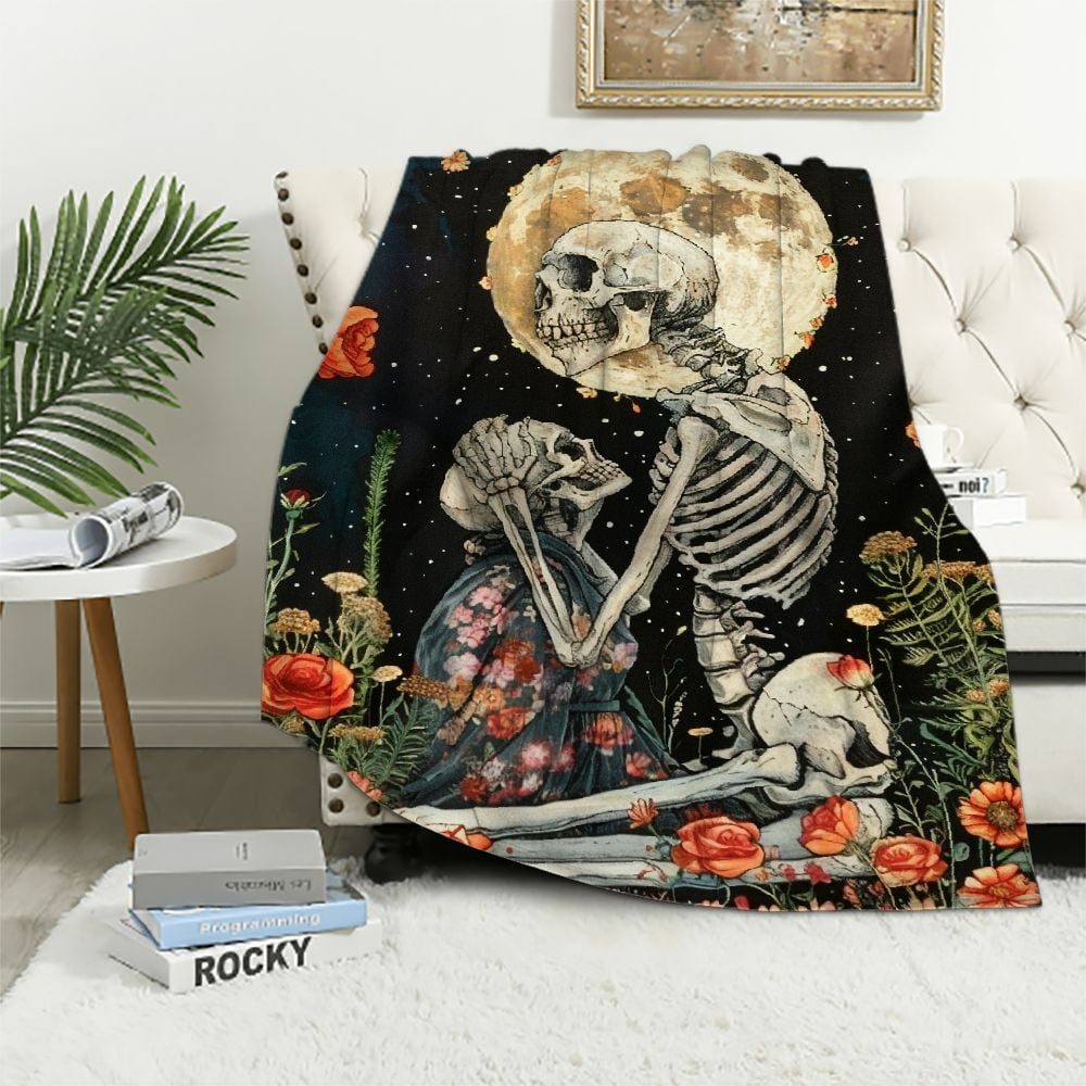 PIKWEEK The Kissing Lovers Floral Fleece Throw Blanket, Hippie Skeleton