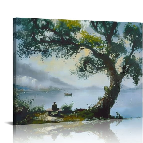 PIKWEEK Trees Canvas Wall Art Lake Sky Painting Nature Landscape Picture Countryside Lakeside Scenic Green Scenery Artwork Framed for Living Room Bedroom Bathroom 16*12inch/20*16inch