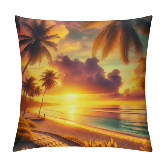 PIKWEEK Tropical Palms Throw Pillow Covers 18 x 18 inch Sunset with Palm Tree on The Beach Linen Pillow Cushion Cases Square Pillowcases for Sofa Couch Bedroom Living Room Car Multiple specifications