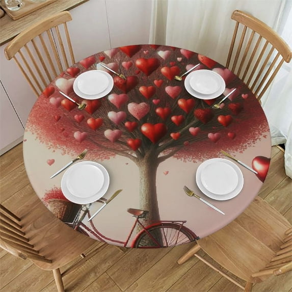 Wuche Valentine's Day with A Heart Shaped Tree Round Tablecloth, Fitted Round Table Cloth with Elastic Edge Wipeable Table Protector for Indoor Outdoor Party Picnic