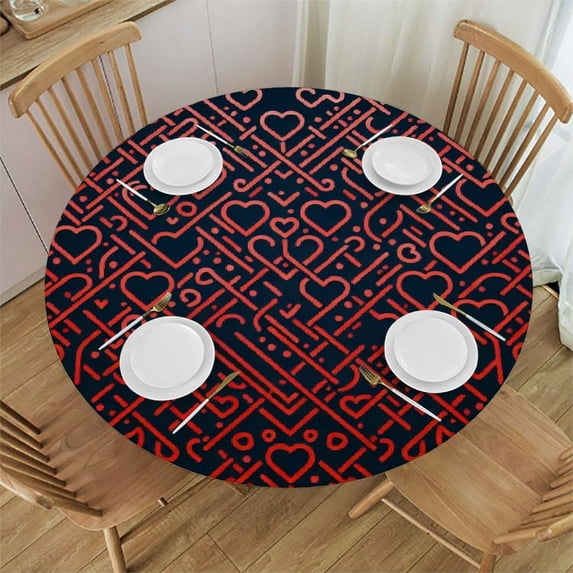 PIKWEEK Valentine's Day Heart Round Tablecloth, Fitted Round Table Cloth with Elastic Edge Wipeable Table Protector for Indoor Outdoor Party Picnic
