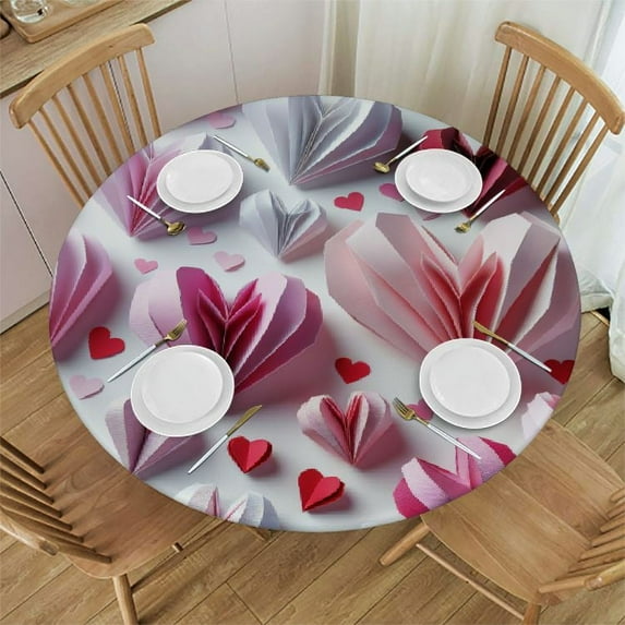 Wuche Valentines Day Pink and Red Hearts Round Tablecloth, Fitted Round Table Cloth with Elastic Edge Wipeable Table Protector for Indoor Outdoor Party Picnic