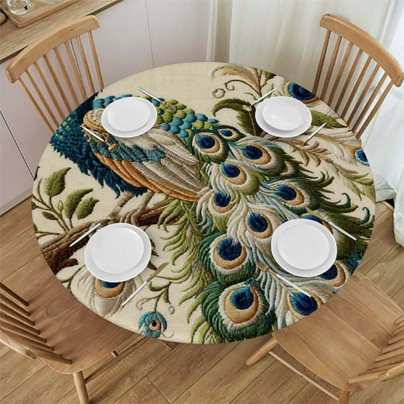 PIKWEEK Vintage Blue Elegant Colorful Peacock Double Side Table Cloth White