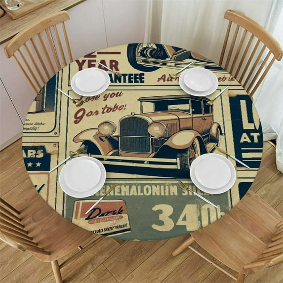 Wuche  Vintage Car Theme Round Fitted Tablecloth Elastic Edge Waterproof Oil-Proof Table Cover Stain-Resistant Table Cloth Fits Round Tables