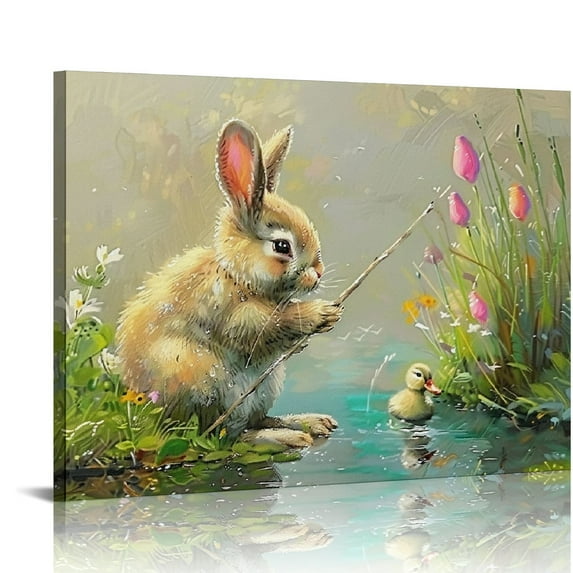 PIKWEEK Vintage Easter Canvas Wall Art, Easter Bunny is Fishing Pictures Oil Painting for Wall Decor, Retro Spring Cute Bunny Posters Wall for Easter, Easter Rabbit Home Artwork for Bedroom24x16in