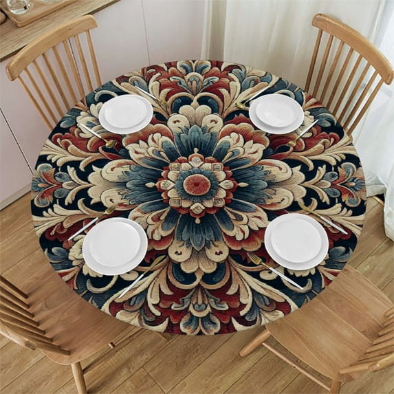 PIKWEEK Vintage Flowerm Round Tablecloth Fitted Table Cover, Elastic Tablecloths Waterproof Outdoor Indoor Stretch Cloth Tablecover for Dinner, Party, Shower, Luxurious Classic Old World Aesthetics