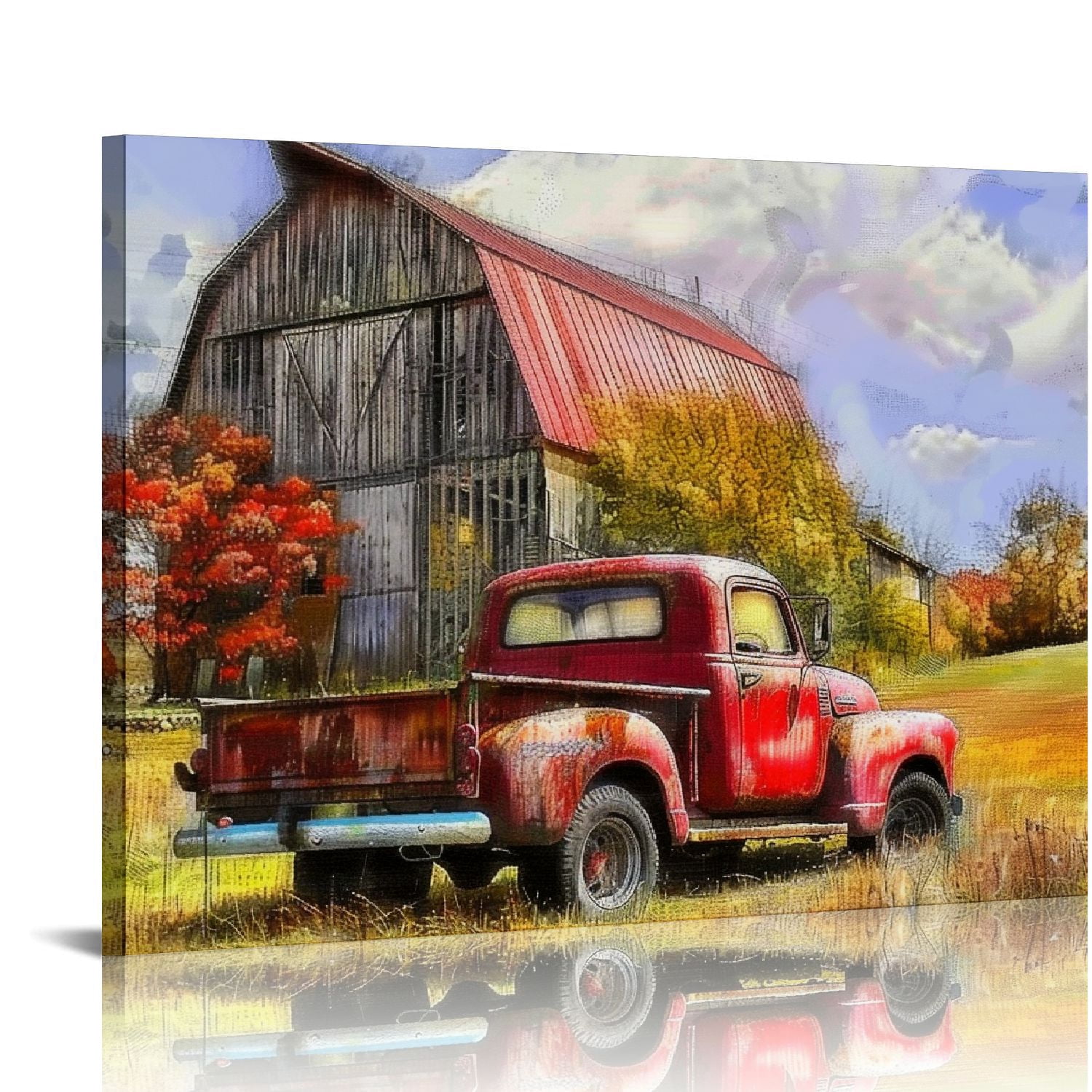 PIKWEEK Vintage Red Truck Wall Art Rustic Red Barn Pictures Wall Decor ...