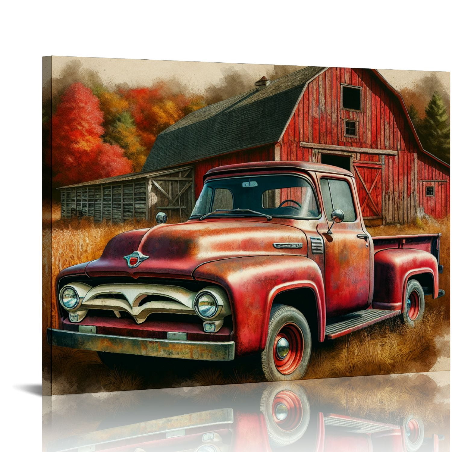 PIKWEEK Vintage Red Truck Wall Art Rustic Red Barn Pictures Wall Decor ...