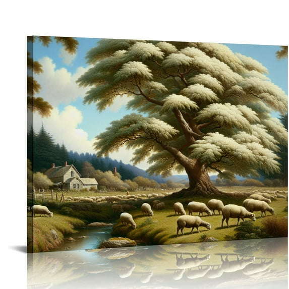 PIKWEEK Vintage Spring Landscape Oil Painting Canvas Wall Art Farmhouse Aesthetic Wall Decor Antique Sheep Pasture Blossom Tree Prints Rustic Country Home Decoration 12*16inch/16*20inch