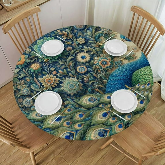 PIKWEEK Vintage Style Peacock with Flower Round Tablecloth Great for Home Kitchen/Parties/Holiday Dinner White