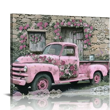 PIKWEEK Vintage Truck Picture Wall Decor - Farmhouse Wall Art, Pink Truck And Flowers Canvas Print For Home Decor, Modern Rustic Landscape Painting, Barn Artwork Framed For Living Room Wall Decor