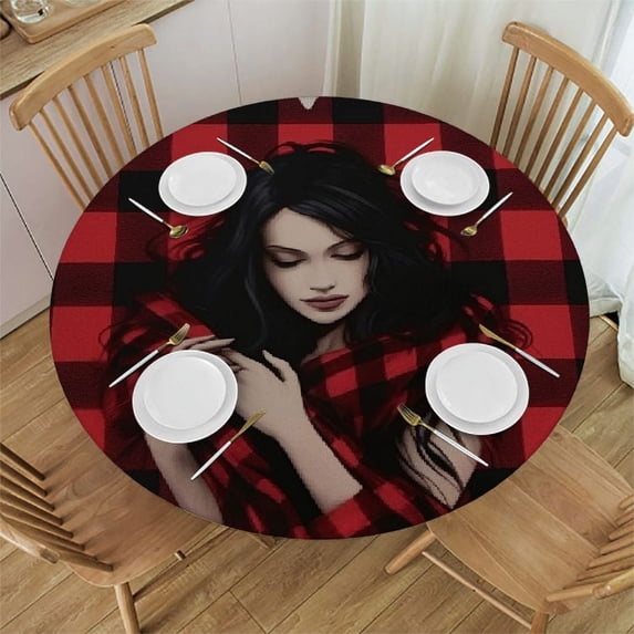 PIKWEEK Vintage Valentines Day Table Round Cover Elastic Edged Tablecloth, Retro Check Love Heart Fitted Circle Tables Cover Waterproof Wipeable Tabletop Protector Cloth Vintage Burlap Linen White