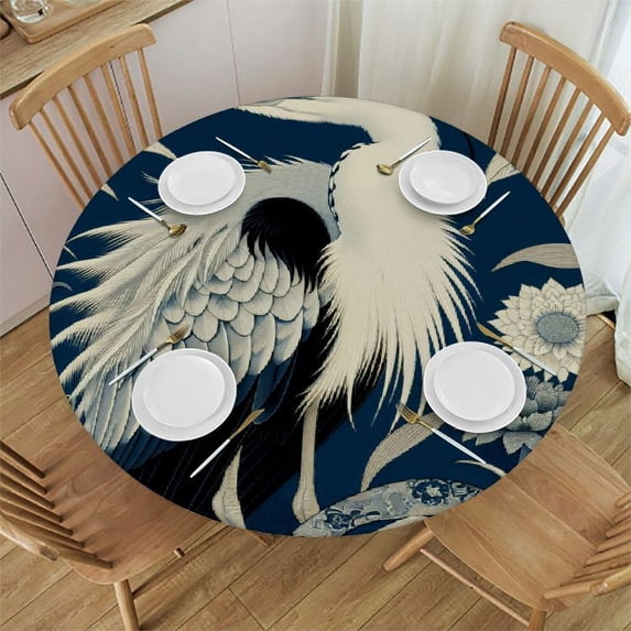 PIKWEEK Washable Round Tablecloth for Home Kitchen Outdoor Decoration Blue Flower and Bird Asian Garden Chinoiserie Crane Bird Peacock White