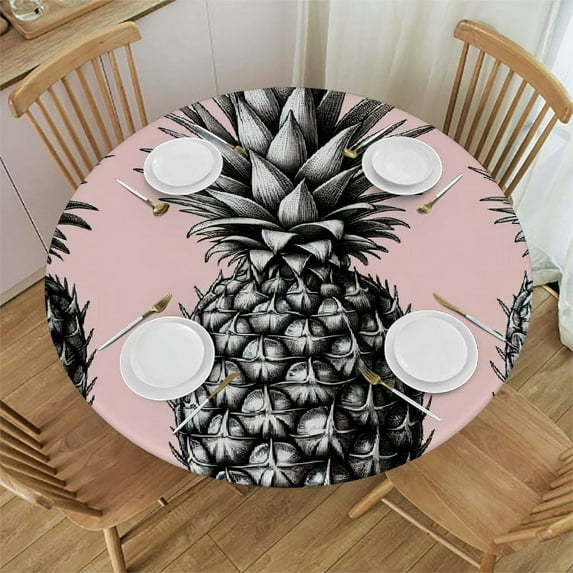 PIKWEEK Washable Round Tablecloth for Home Kitchen Outdoor Decoration Tropical Fruit Yellow Watercolor Pineapple Hot Pink White