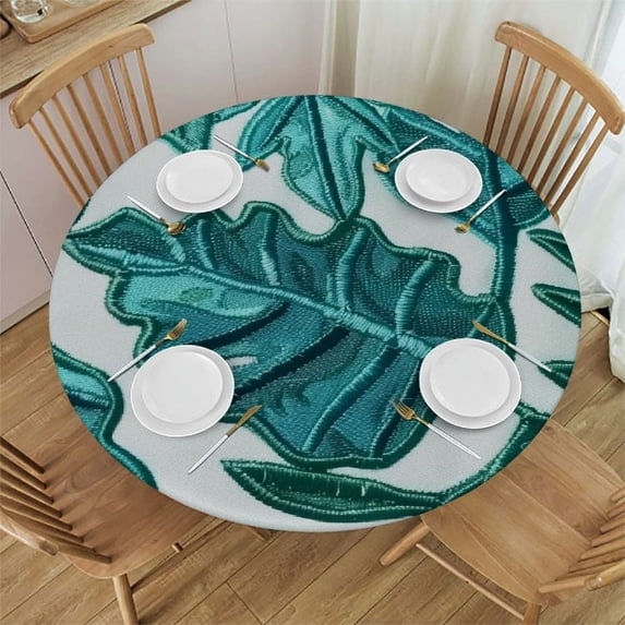 PIKWEEK Washable for Home Kitchen Outdoor Decoration Tropical Leaf Palm Pattern Comfy Decorative Round Tablecloth White