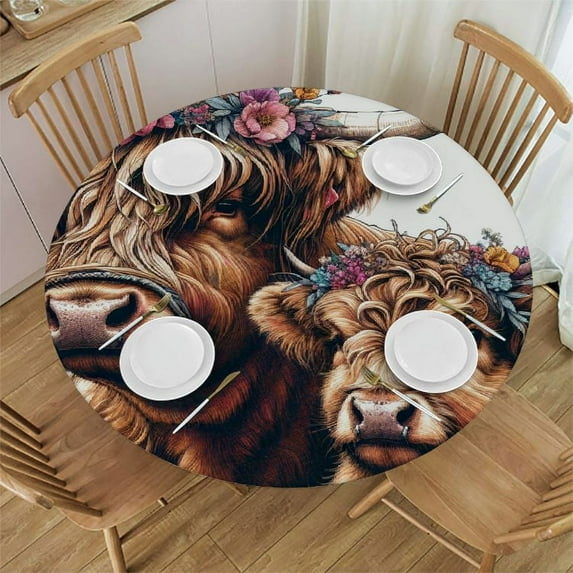 PIKWEEK Watercolor Animal Table Round Cover Elastic Edged Tablecloth, Scottish Highland Yak Indoor Outdoor Fitted Circle Tables Cover Waterproof Wipeable Tabletop Protector Cloth Mom and Son