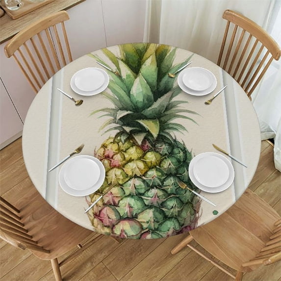 PIKWEEK Watercolor Pineapple Spring Summer Holiday Home Decoration Round Tablecloth with Elastic Edge White