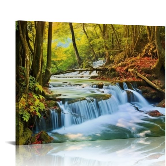 Wuche Waterfall and Fall Canvas Wall Art for Home Decor Waterfall and Stream in The Tropical Forest Scenery Wall Picture Print On Canvas HD Giclee Artwork